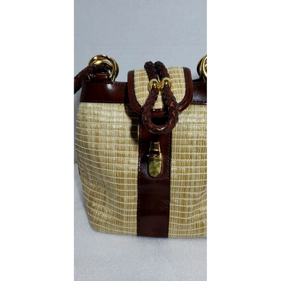 Vintage Kaela Straw Purse Brown Leather Trim Shoulder Bag Unique Closure - Picture 4 of 15